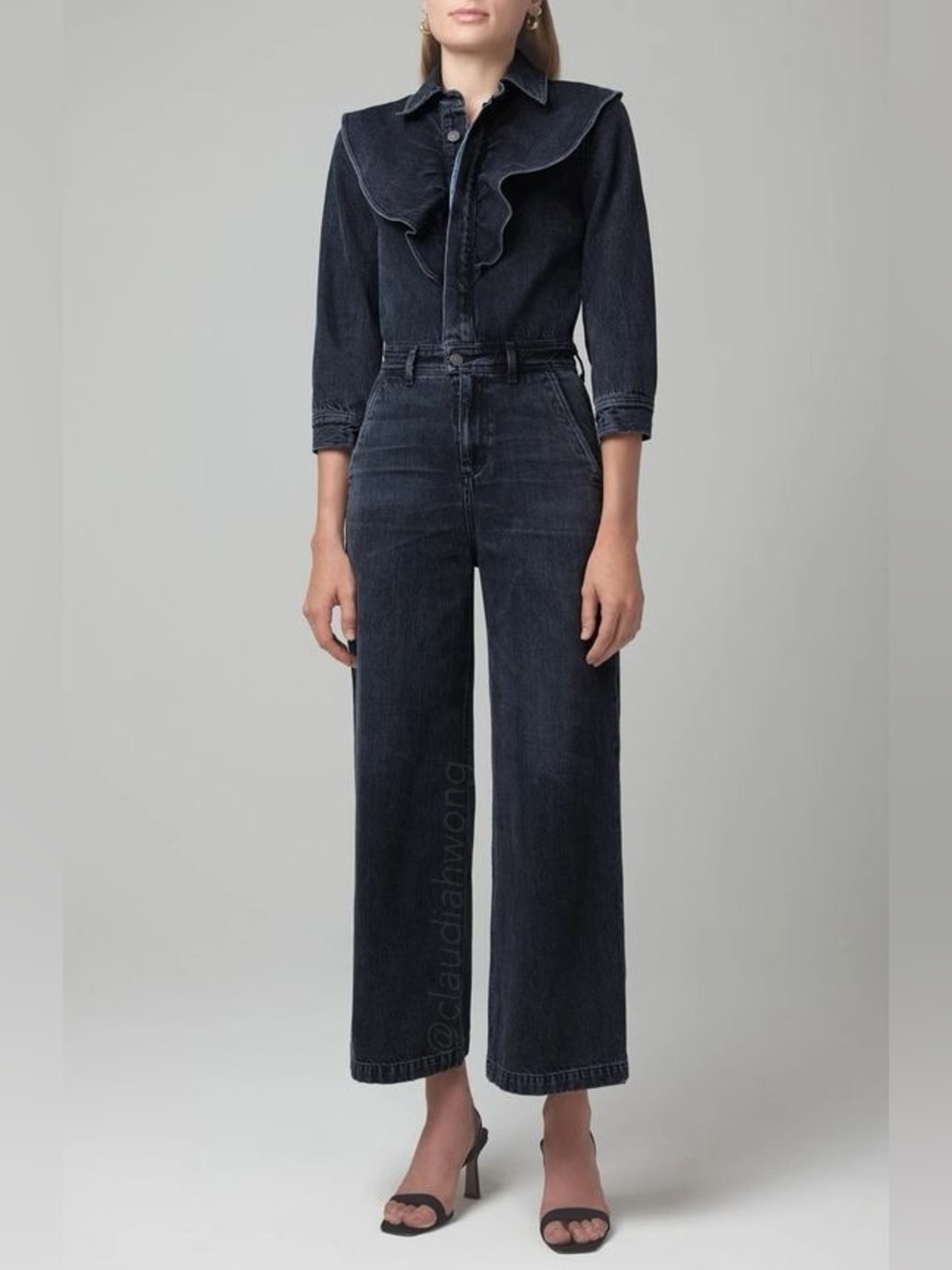 CITIZENS OF HUMANITY Ruffle Wide Leg Denim Jumpsuit in Fade to Black